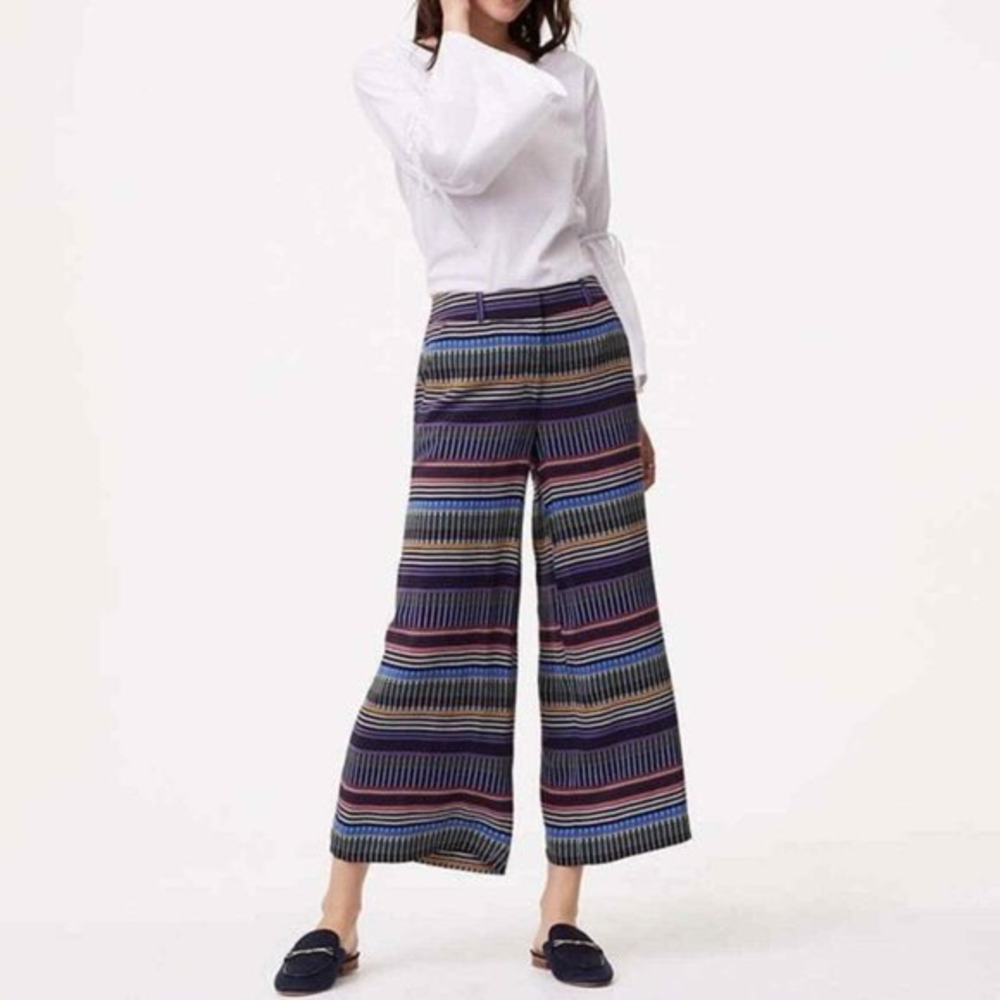 Loft Multicolored‎ Festival Fluid Geometric Wide Leg Crop Pants Culottes 4